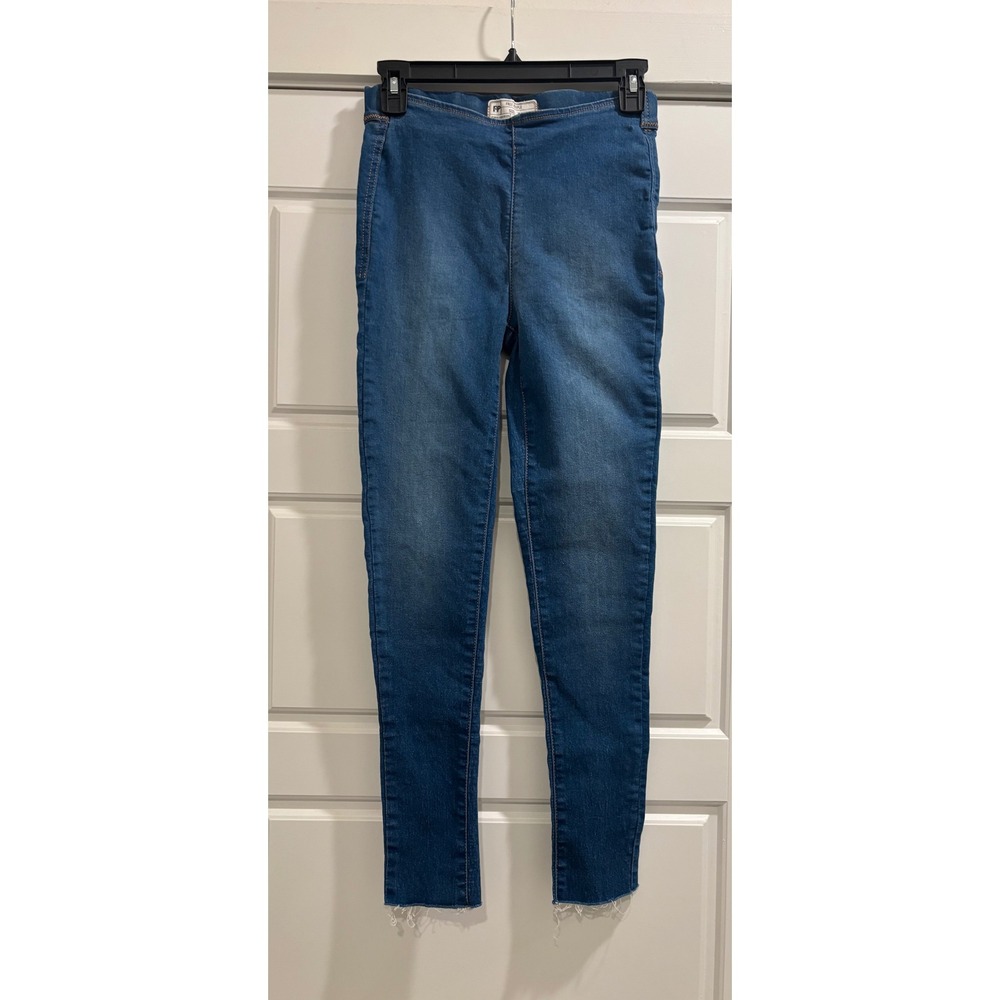 Free People High Waisted Pull On Skinny Jeans Raw Hem Blue Denim W25 OB61855